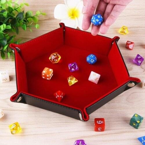 Foldable Dice Tray Box PU Leather Folding Hexagon Key Storage Coin Square Tray Dice Game for RPG DnD Table Board Games 6Color