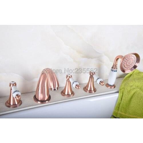 Antique Red Copper Deck Mounted 5 Holes Bath Tub Mixer Faucet Hand Spray Shower ltf193