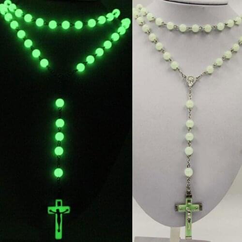 Glow in Dark Plastic Rosary Beads Luminous Noctilucent Necklace Catholicism Religious Jewelry Party Gift d88