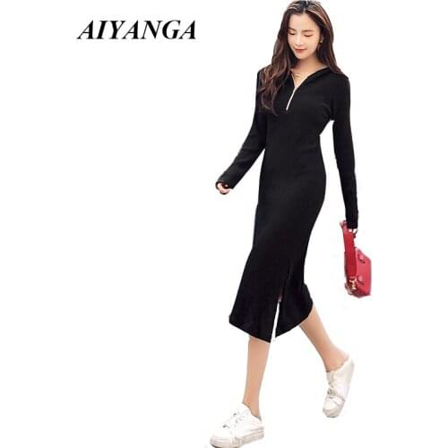 2018 Autumn Winter Knitted Dress Hooded Dresses Slim Elasticity Knit Dresses Long Sleeve Medium Long Style Casual Dress