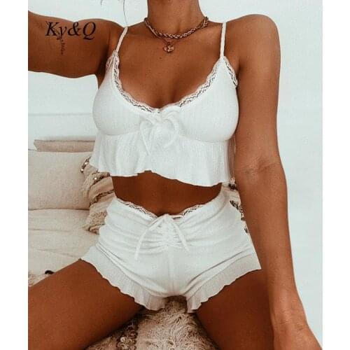 Knitting Lace Ruffle 2 Piece Set Women Outfits Drawstring Short White Crop Top Beach Party Boho Casual Sexy Match Summer Clothes