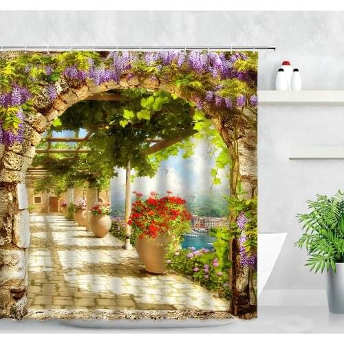 Garden Scenery Shower Curtains Retro Arch Flowers Green Plants Street View Modern Natural Waterproof Decor Bathroom Curtain Sets