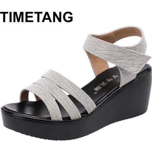 TIMETANG Plus Size 32-43 Platform Wedges Sandals Women Shoes 2021 Summer Bling Medium Heels Sandals Ladies Casual Beach Sandals