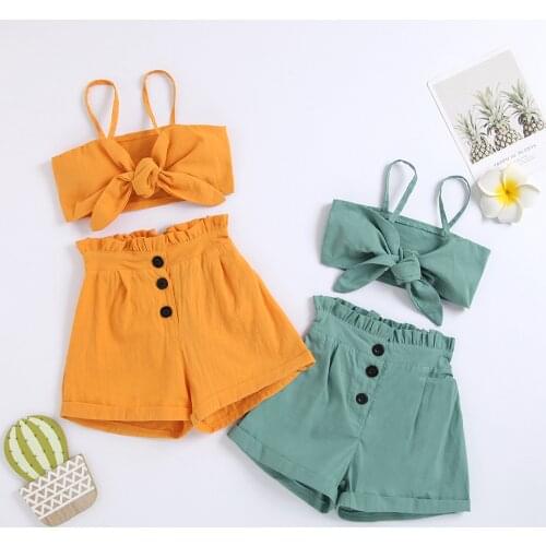 1-6Y Summer Fashion Kids Girls Clothes Sets 2pcs Solid Color Strap Sleeveless Bowknot Vest Tops High Waist Shorts