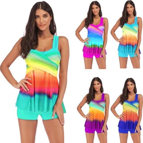 Womens Rainbow Tankini Swimdress Swimsuit Beachwear Padded Swimwear Plus Size Bikini Swim Suit Gradient Beachwear S~5XL 5 Colors