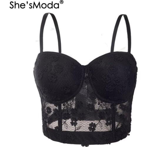 ShesModa Pespective Mesh Lace Bustier Push Up Night Club Bralette Womens Floral Bra Cropped Top Vest Corset Plus Size
