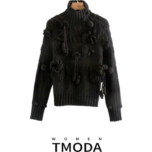 TMODA939 Za Black Crochet Appliques Luxury Knitted Sweater Women 2021 Autumn Winter Vintage Long Sleeve Turtleneck Pullover