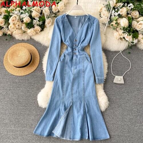 ALPHALMODA Chic Denim Dress Autumn New V-neck High Waist Buckle Slim Mid-Calf Jean Dress Vintage Slim Fit Ladies Dress