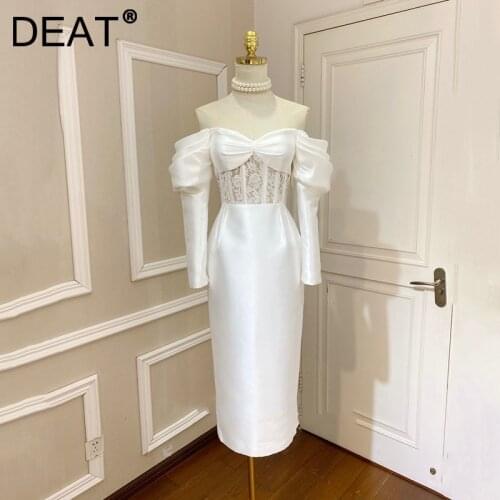 DEAT Woman Midi Dress Banquet Lace Hollow Slim Waist Strapless Pleated Elegant Fashion Formal Dresses 2021 New Autumn 15XF344
