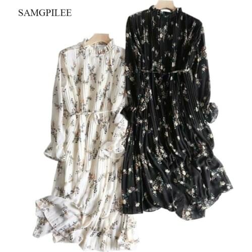 Elegant Ruffled neck Ruffles Women Dress Long Sleeve Print Female Chiffon Pleated Dress 2020 Summer Vestidos femme Black White