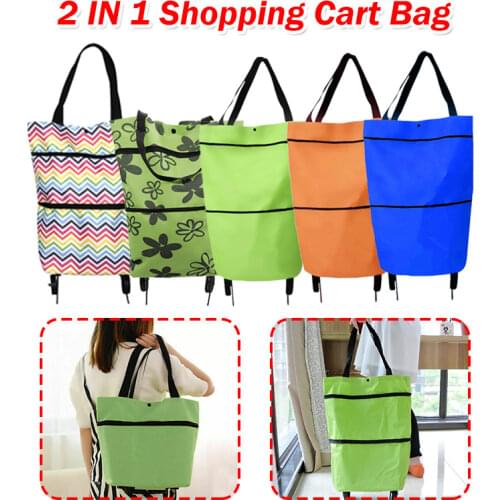 2 In 1 Resuable Foldable Shopping Cart Large Shopping Storage Bag with Wheel Trolley Grocery Luggage Organizer Holder Carry Case