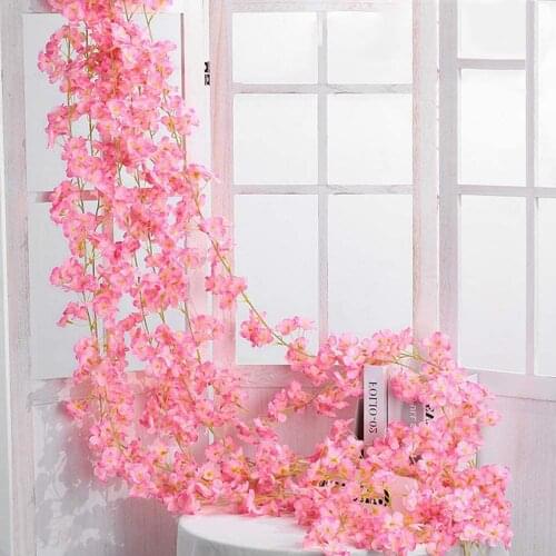 4 Colors 1PC Hanging Artificial Cherry Blossoms Vine Pastoral Style Simulation Flower Rattan for Indoor Outdoor