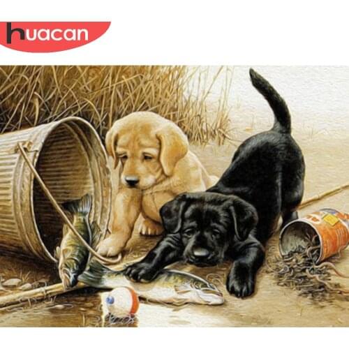 HUACAN Diamond Mosaic Embroidery Dog Animal Full Square/round Diamond Painting Fishing Scenery Home Decor