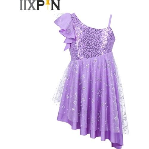 Shiny Sequins Ballet dress for child Kids Girls One-Shoulder Design Glittery Irregular Hem Ballet Dance Gymnastics Leotard Dress