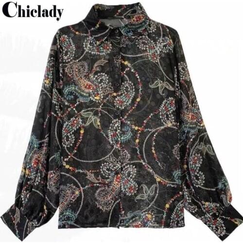 CHICLADY vintage retro printed floral black lantern sleeve chiffon office lady casual tops women shirts blouse summer designer