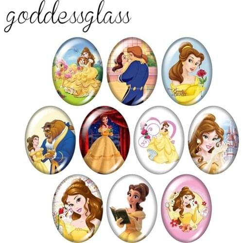 Disney Princess Belle 10pcs mixed 13x18mm/18x25mm/30x40mm Oval photo glass cabochon flat back bracelets Making findings
