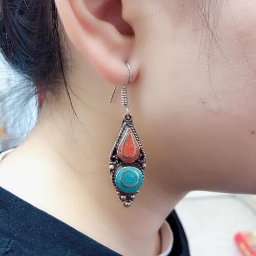 ER182 Nepal Jewelry Colorful Stone Women Earrings Ethnic Tibetan Copper Inlaid Turquoises Coral Stone Dangle Earring