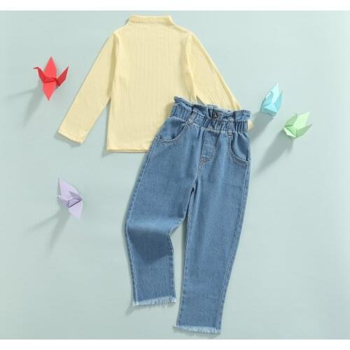 FOCUSNORM 1-6Y Autumn Fashion Kids Girls 2pcs Clothes Sets Solid Knit Long Sleeve Pullover Tops Blue Denim High Waist Pants