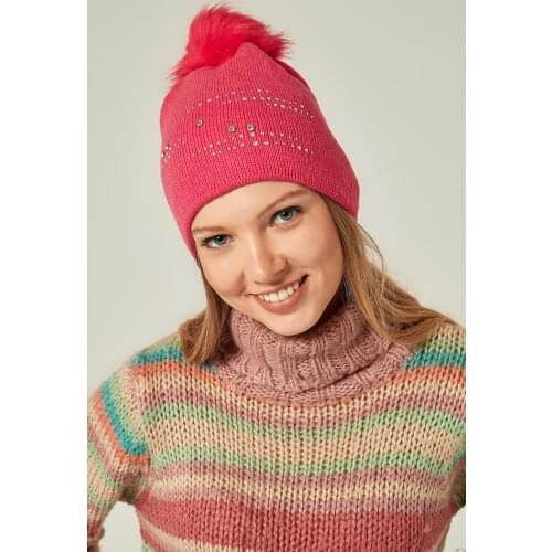 % 60 COTTON 40 ACRYLIC Gemstone Fur Pompom Fuchsia Beret For Women Stylish Design Pleasant View Quality Turkish Made 2021 Trend Fashion Women Beret Great Product For New Cold Weather Useful Wonderful