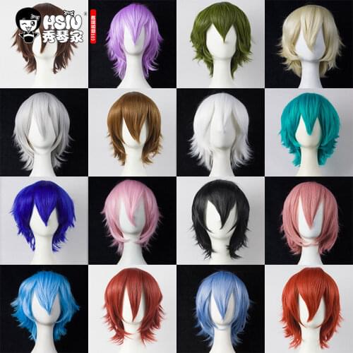 HSIU 30cm short Wig Black white purple blue red high temperature fiber Synthetic Wigs Costume Party Cosplay Wig multi 17color