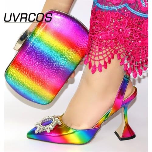 Italy Designer Luxury Wedding Decorated With Rhinestone African Nigeria Elegant Summer Woman Pumps Shoes And Bags Set Rainbow