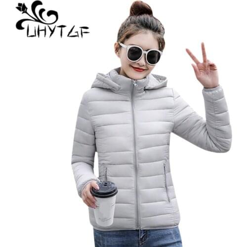 UHYTGF Short Cotton Jacket Hooded Coats Fashion Winter Coat Women Tops Thin Down Jackets Slim Plus size Cotton Padded Parkas 164