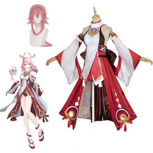 Yae Guuji Cosplay Genshin Impact Costume Wigs Dress Party Outfit Uniform Women Halloween Carnival Costumes