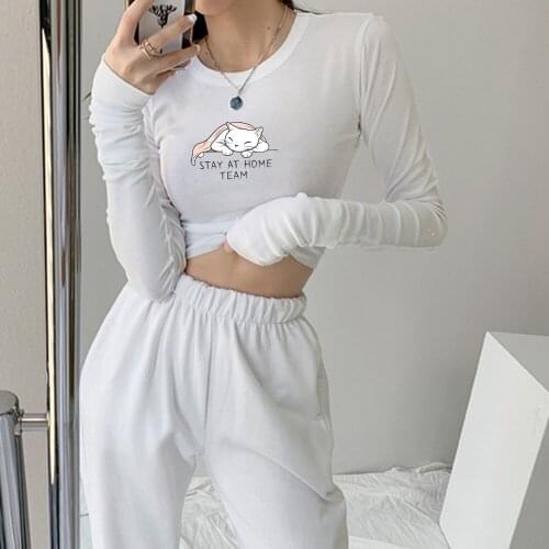 Harajuku Kawaii Cat Print Crop Top Long Sleeve Cotton Women Aestethic Tight Sweatshirt Wide Leg Sweatpant Two-piece Suit Joggers