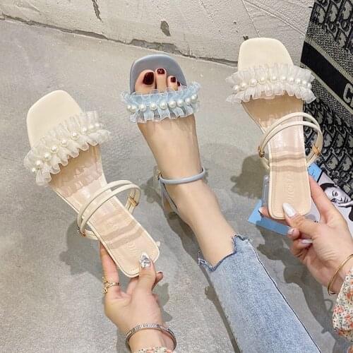 Fashion Square Crystal Heels Pearl Women Sandals 2021 Lace Ruffles String Bead High Heels Open Toe Fairy Style Female Slippers