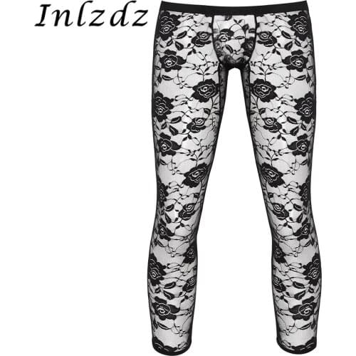Mens Lingerie Pants See Through Sheer Floral Lace Sex Costume Ankle Length Stretchy Legging Transparent Footless Tights Trousers