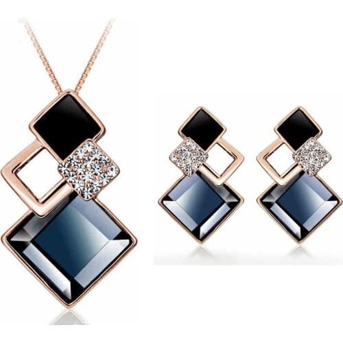 Ociki Rose Gold Color Chokers Necklace and Earrings Jewelry Set Square Grey Crystal for Women Girls Gift Drop Shipping