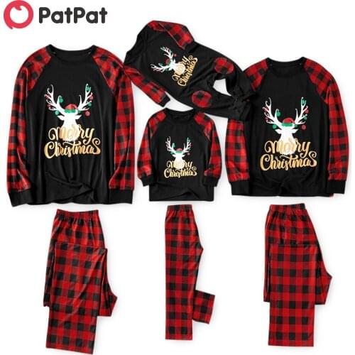 PatPat Merry Christmas Letter Antler Print Plaid Splice Matching Pajamas Sets for Family