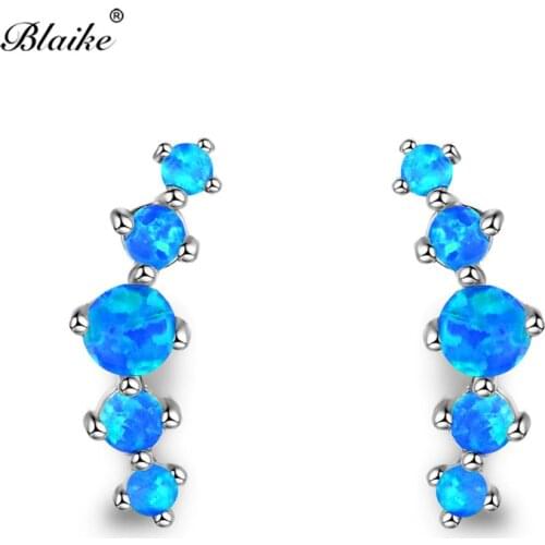 Blaike Single Row Blue Fire Opal Round Stud Earrings for Women 925 Sterling Silver Birthstone Earring Wedding Accessories