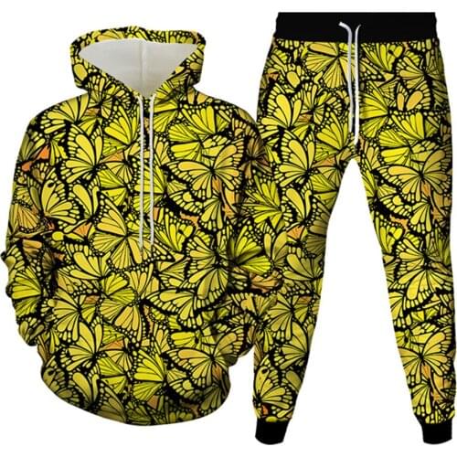 Blue Yellow Animal Butterfly Print Women Men Fashion Clothing Hoody Sweatshirt+Jogger Pants 2PcsSets Teens Tracksuit Size S-6XL
