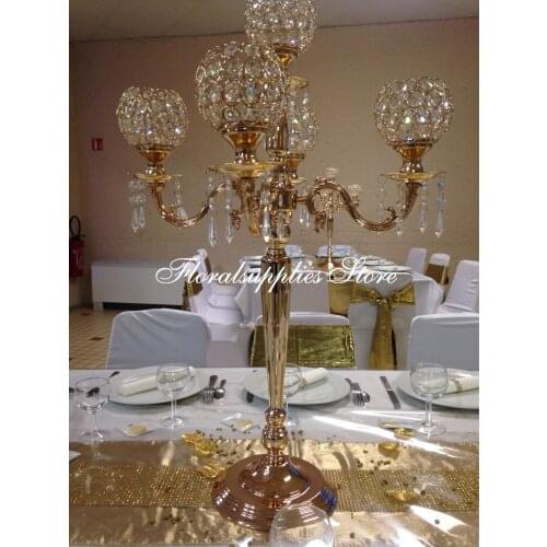 75 cm height 5-arms metal Gold candelabras with crystal pendants wedding candle holder Event centerpiece