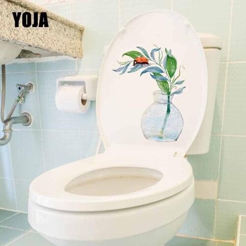 YOJA 17.5X22.3CM Home Decor Toilet Decal Wall Sticker Coccinella Septempunctata In The Leaves Of Watercolor Plants T5-1059