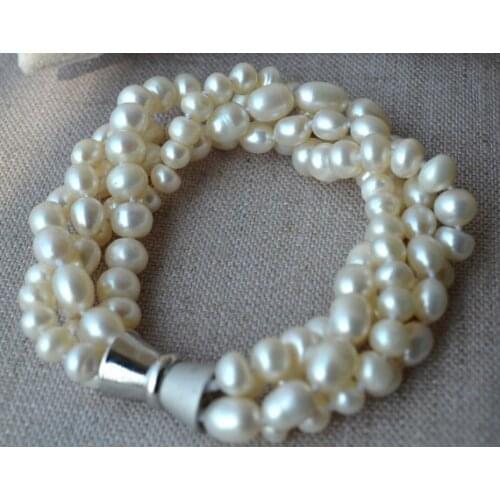 White Pearl Jewellery,7.5inches 5-8mm Genuine Freshwater Pearl Bracelet,4rows Mixes Shape,Magnet Clasp
