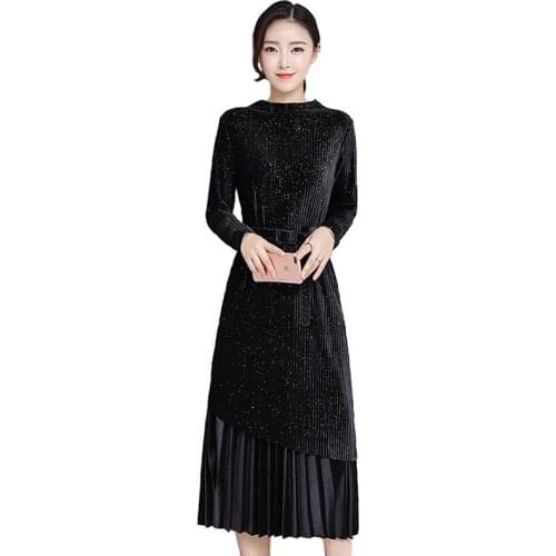 Gold Velvet Two Pieces Skirt set women autumn Pleated skirt Suit Elastic waist Belt slim winter Wild Long sleeve skirt sets N341