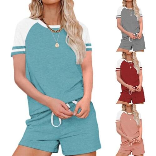 2 Pieces Set Women New Europe Summer 2021 Colours Short Sleeve Shorts Draw String Movement Two Suits Sports Set MDF8017