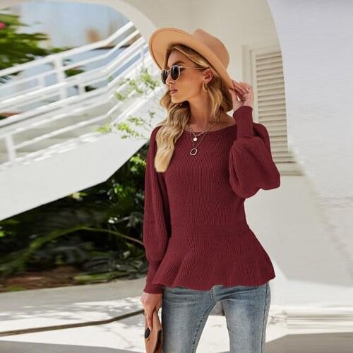 Women Vintage Ruffled Lantern Sleeve Knitted Sweater Long Sleeve O neck Solid Warm High Street Pullover 2021 Winter Fashion Tops