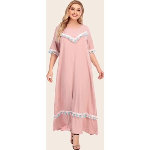 2021 Summer Dress Plus Size Women O Neck Short Sleeve Tassel Elegant Dress Pink Loose Oversized Maxi Long Dresses