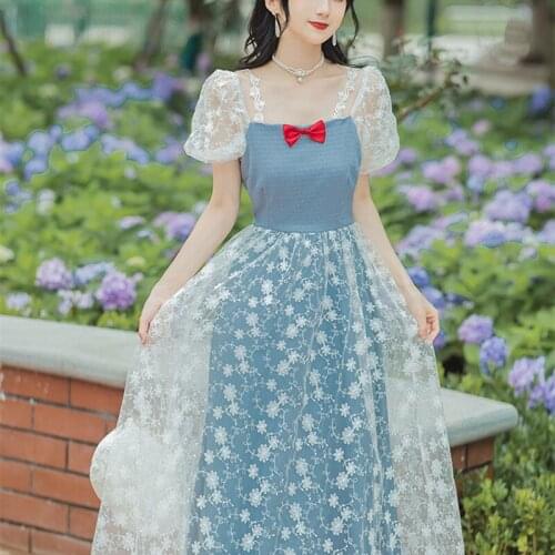 Blue Lace Embroidered Net Yarn Princess Dress Bowknot Square Collar Cute Elegant French Retro Puff Sleeve Vestido