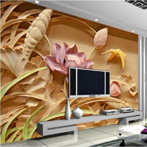 Custom 3D Printing Imitation Wood Carving Lotus Mural Chinese Style 3D Large Murals Living Room TV Backdrop Wall Art Wallpaper