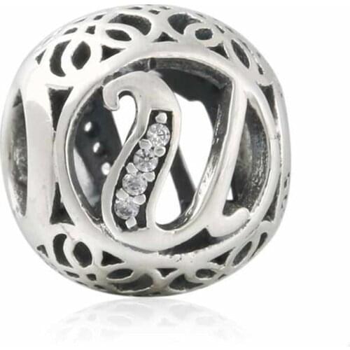 925-Sterling-Silver Vintage Alphabet Cubic Zirconia Letter U Openwork Charms Beads Fits Pandora bracelets jewelry LE16U