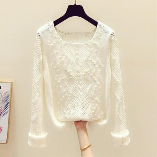 White Sweater Womens Heavy Industry Pearl Beading Short Knitted Tops Hollow Out Thin Sweaters Girls Lady Knitted Pullovers