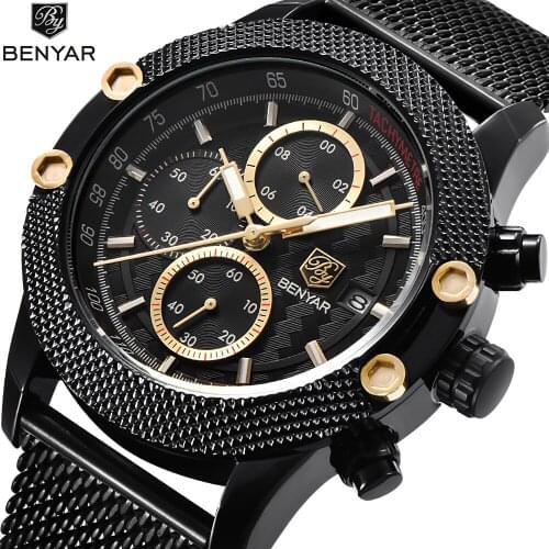 BENYAR 2018 Luxury Brand Military Men Watch Quartz Watches Sport Mens Watches Steel wire mesh belt Waterproof Relogio Masculino