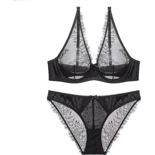 Ultra-thin lace sponge-free transparent bra sexy bra set female perspective mesh temptation eyelash underwear black gray white