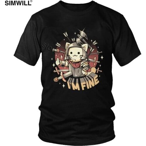 Funny Kawaii Cat T Shirts Men Short Sleeved Cotton I'm Fine T-Shirt Round Neck Arrow Sword Tee Large Size Classic Tops Clothing