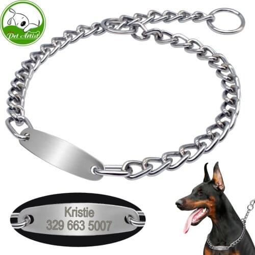 Large Dog Collar Chain Choke Personalized Pet Collars Silver Dogs Pitbull Training Slip Choker Free Engraving Tag Nameplate