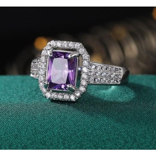 VAGZEB 925 Silver Big Square Purple CZ Stone Ring for Women Vintage Party Elegant Accessories Luxury Sterling Silver Jewelry